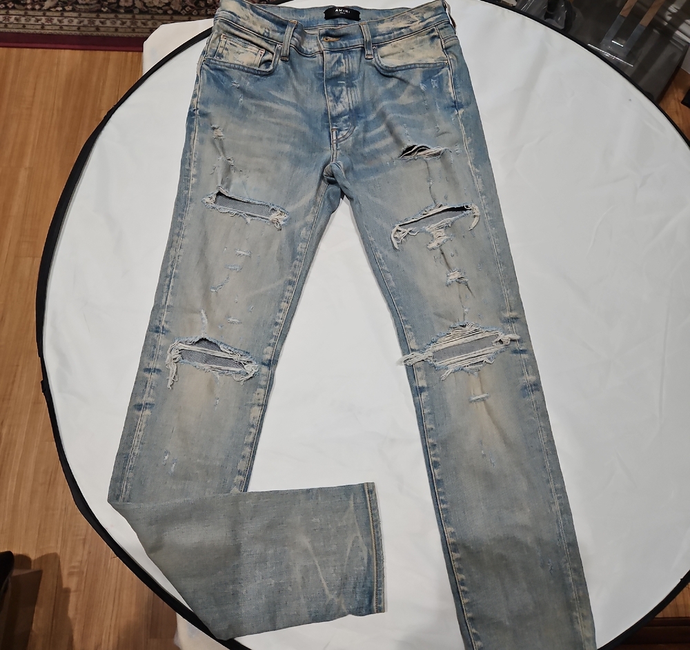 AMIRI Light Blue Distressed Skinny Jeans